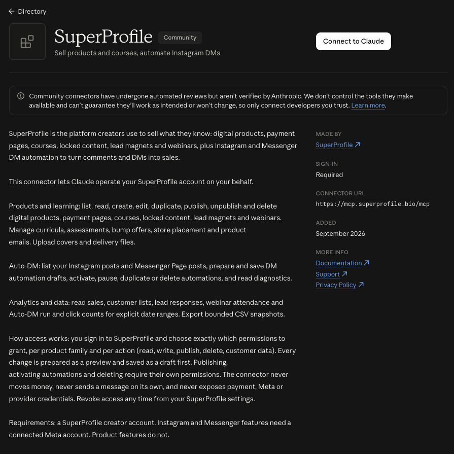 SuperProfile listed in Claude's connector directory: sell products and courses, automate Instagram DMs, with a Connect to Claude button and the connector URL https://mcp.superprofile.bio/mcp
