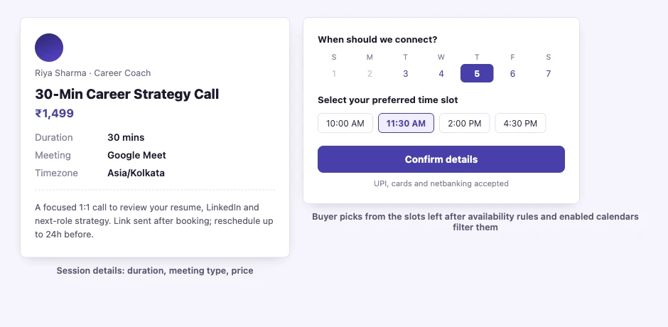 A sample booking page: session details on one side, an available date and time-slot picker on the other
