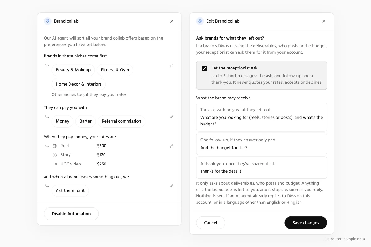 Brand Collab settings with niches, payment types, rates in the creator's currency and the receptionist option