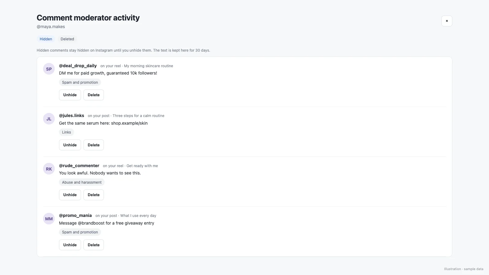 Comment moderator activity listing hidden spam, link and abusive comments, each with the post it came from and Unhide or Delete