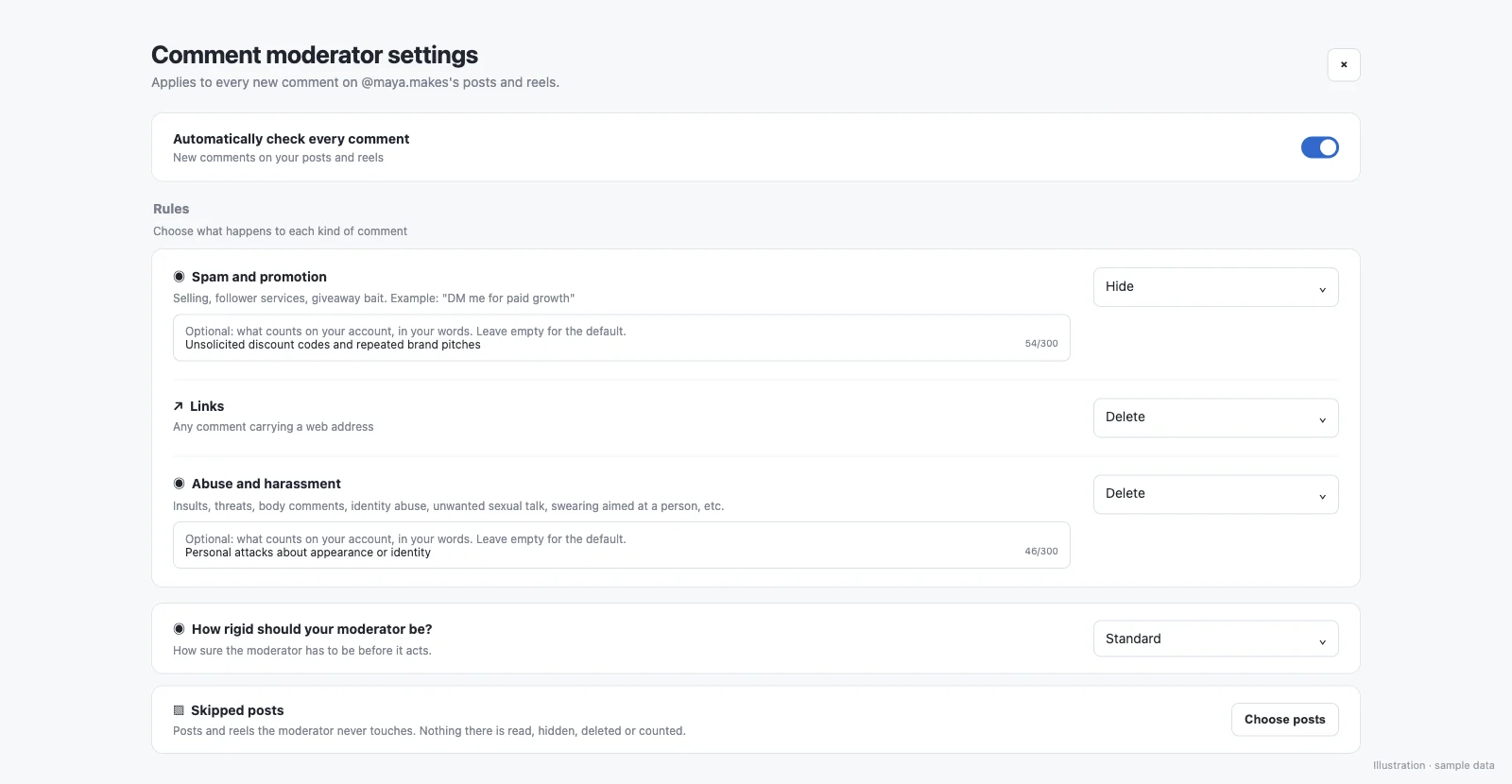 Comment moderator settings with Hide for spam, Delete for links and abuse, an optional note on what counts, strictness and skipped posts