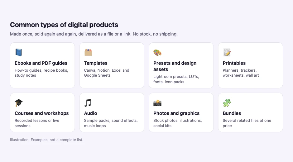 Grid of eight common digital product types: ebooks, templates, presets, printables, courses, audio, photos and bundles