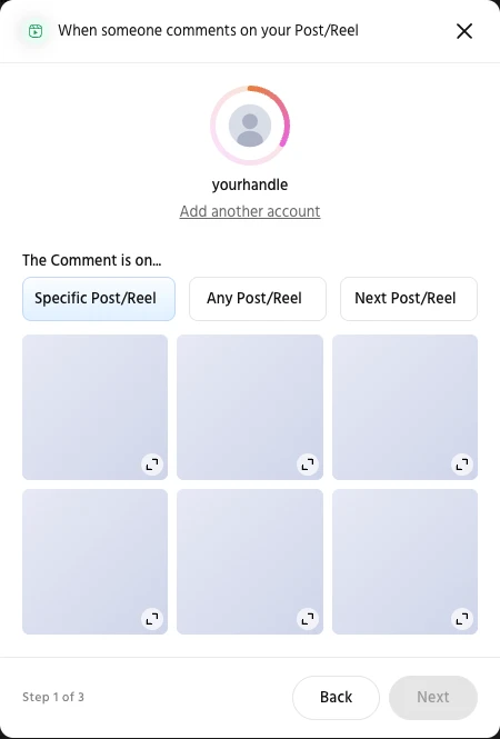 Step 1 of 3 in the automation builder: choose Specific Post/Reel, Any Post/Reel or Next Post/Reel, then pick a post