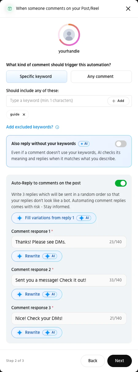 Step 2 of 3: the keyword GUIDE added, Also reply without your keywords off, and Auto-Reply to comments with 3 replies