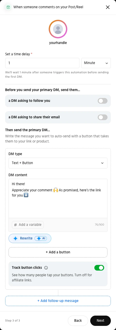 Step 3 of 3: time delay, follow and email DM options, and the primary DM text with Add a button and Track button clicks