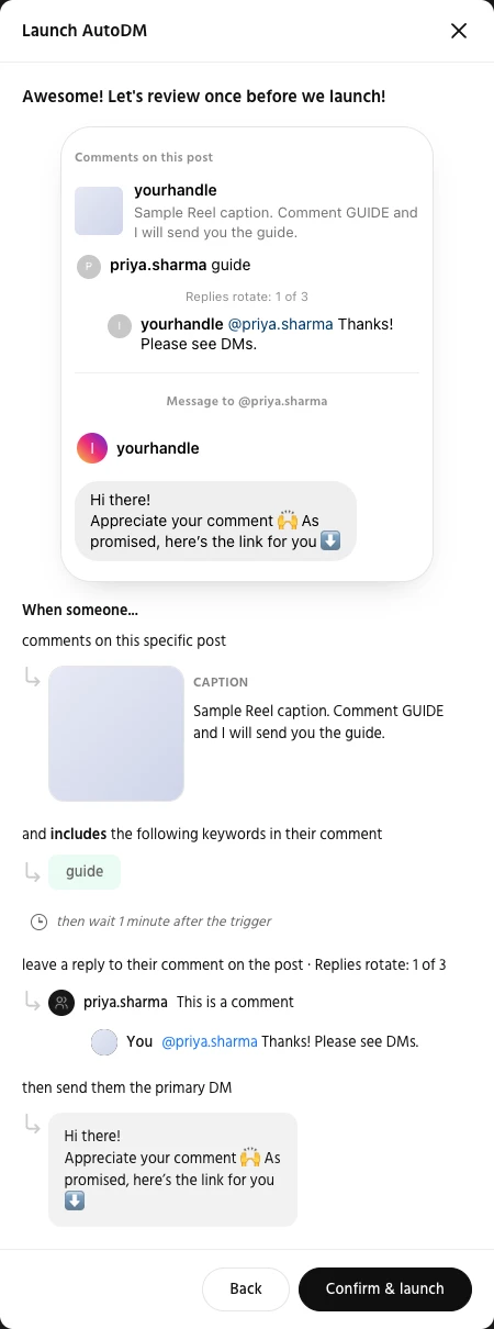 Review screen with a phone preview of the comment, the public reply Thanks! Please see DMs, and the DM, before Confirm and launch