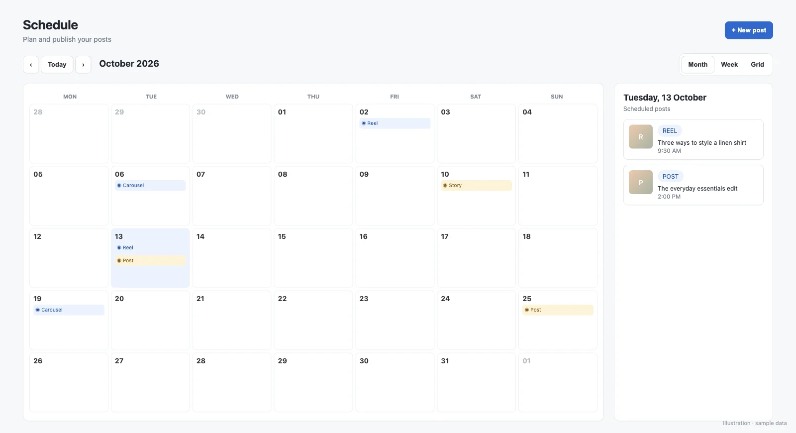 SuperProfile Schedule calendar with Instagram posts and Reels spread across the month, using sample data