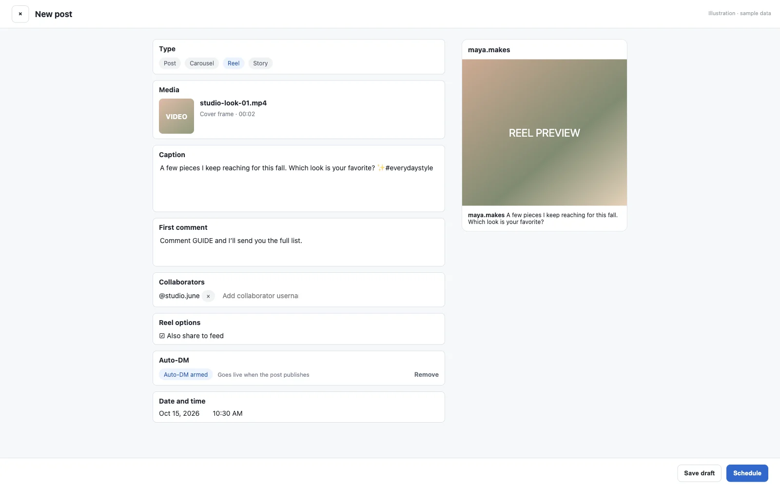 New Reel in the scheduler with caption, first comment, a collaborator, share to feed, Auto-DM armed and the publish date and time