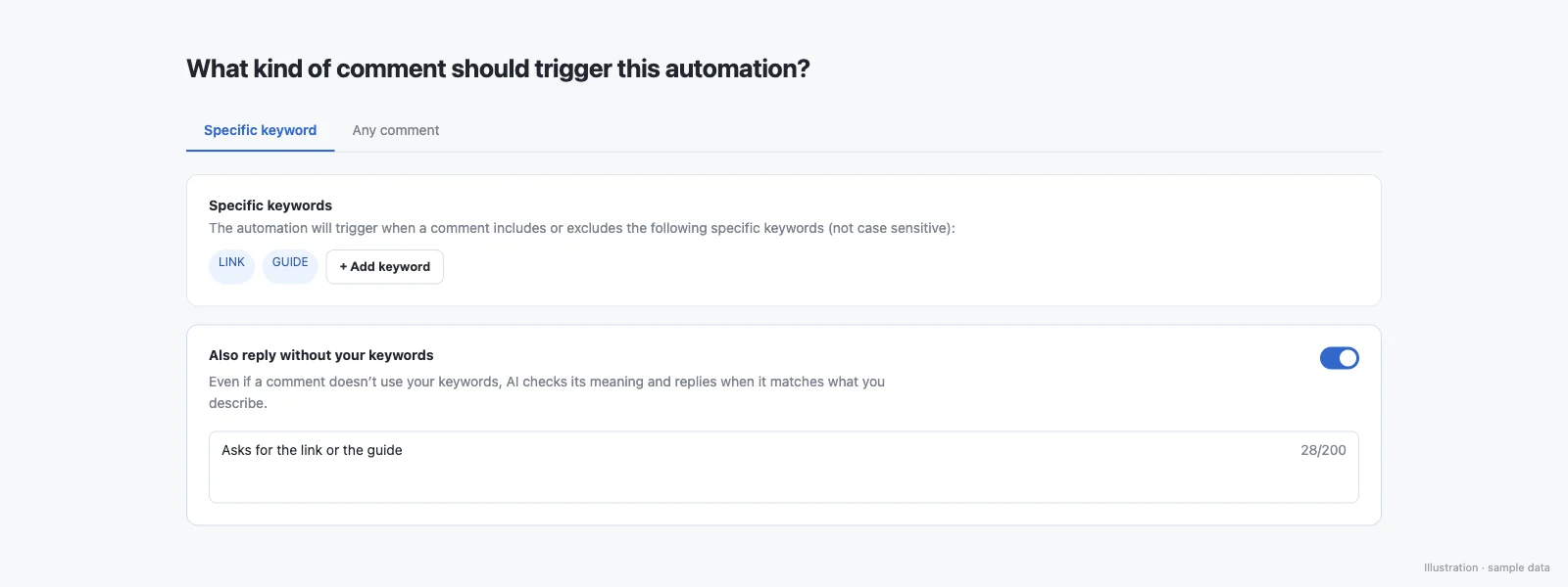 The Also reply without your keywords setting on a SuperProfile automation, with a plain-words description of the comment