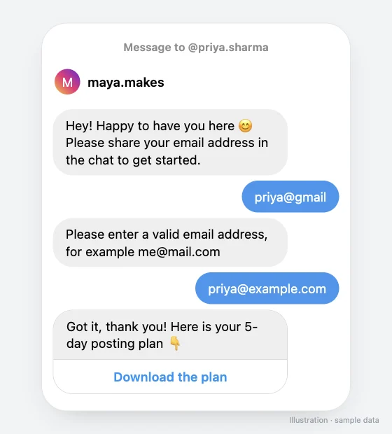 A DM asking for an email, a mistyped address, the retry message, then the freebie with a Download the plan button