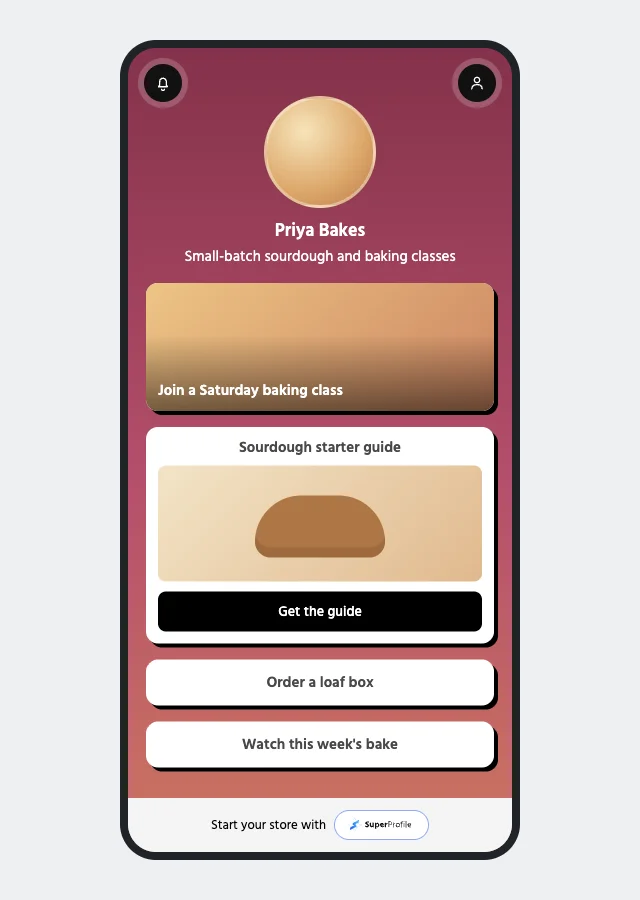 Sample SuperProfile link-in-bio page with a name, bio, banner link, a product card with a button and two plain links