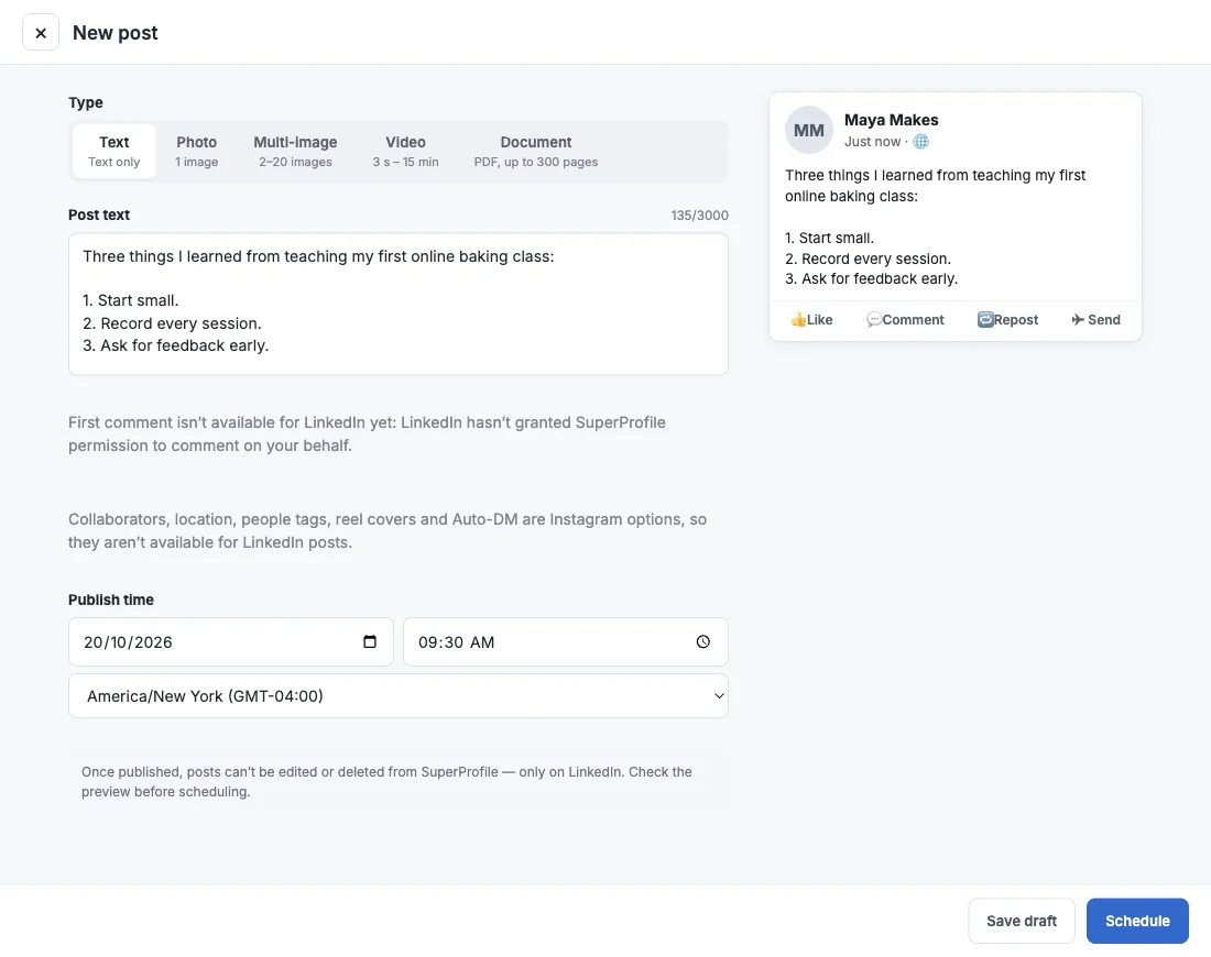 SuperProfile composer for a LinkedIn text post with five post types, a 3,000-character box and a preview card