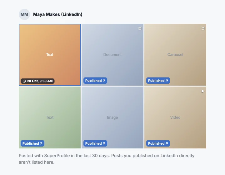 Grid for a LinkedIn profile with one scheduled post and five posts published through SuperProfile, each marked Published