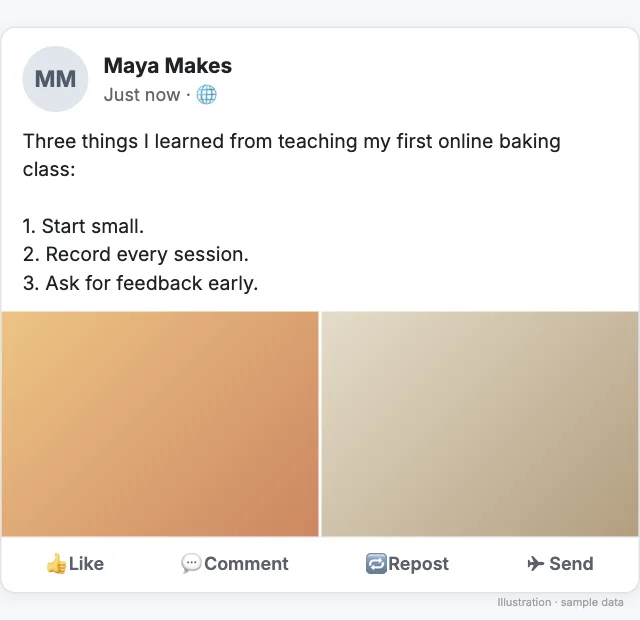 Preview of a multi-image LinkedIn post with the author name, three lines of text and two sample pictures