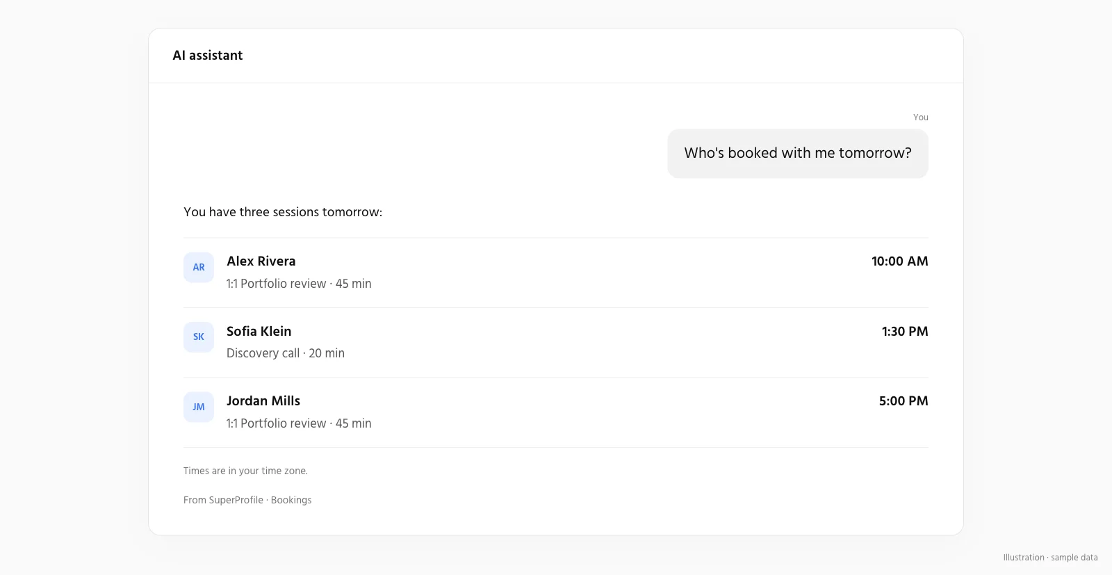 Asking an AI assistant connected to SuperProfile about tomorrow's bookings