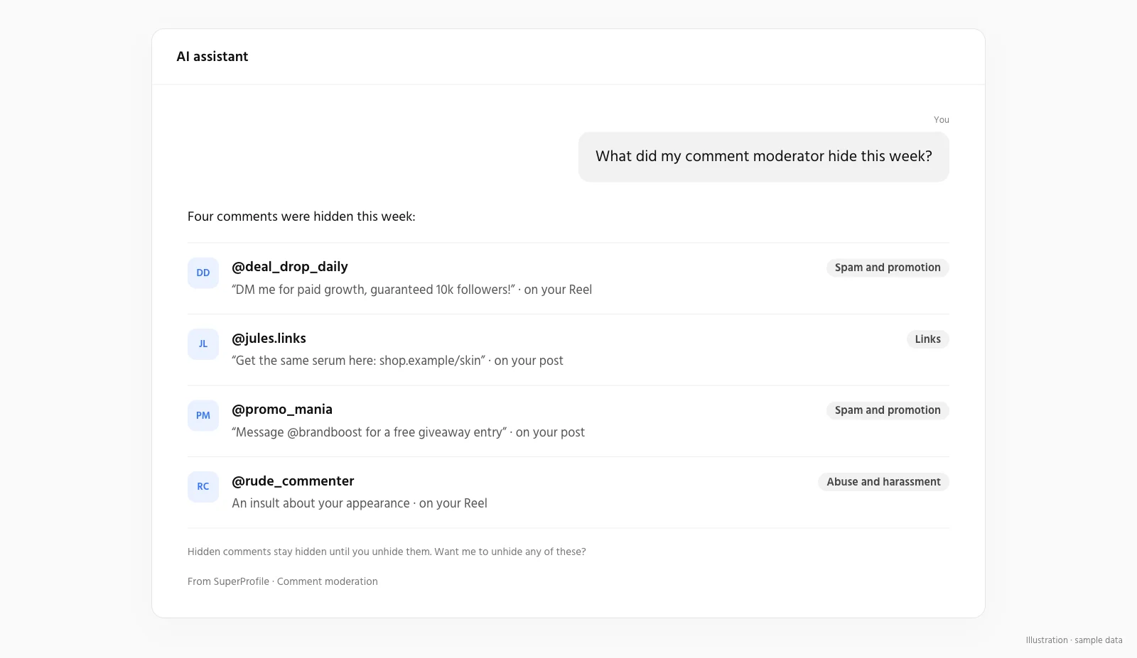 An AI assistant listing four comments the comment moderator hid this week, each with the rule that caught it