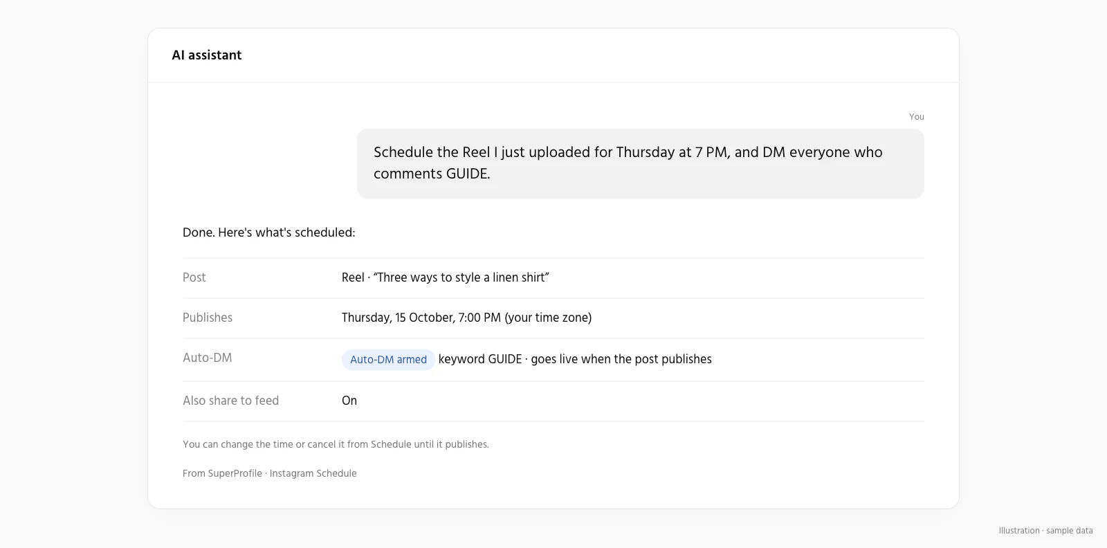 An AI assistant scheduling an Instagram Reel through the SuperProfile MCP server