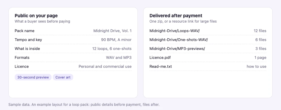 Example loop pack: public details shown before payment on one side and the files delivered after payment on the other