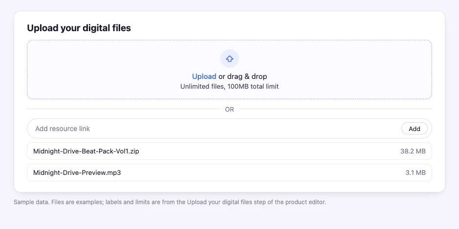 The Upload your digital files step: an upload area noting unlimited files with a 100MB total limit, an Add resource link field, and two sample audio files