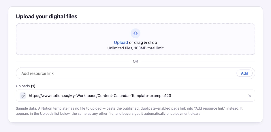 Add resource link field with the Notion template link listed under Uploads