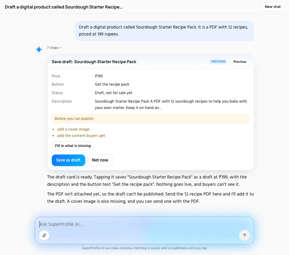 Super AI preview card titled Save draft: Sourdough Starter Recipe Pack, with price, status, Save as draft and Not now