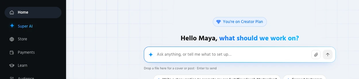 SuperProfile Home screen with the Super AI item in the sidebar and a Super AI question box under the greeting