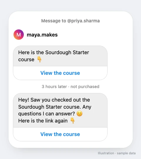 Instagram DM thread: a course link with a View the course button, then three hours later a friendly check-in with the link again