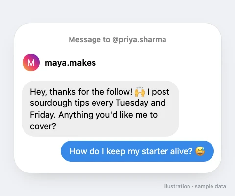 An Instagram DM welcoming a new follower with what the account posts and a question, and the follower replying with a question