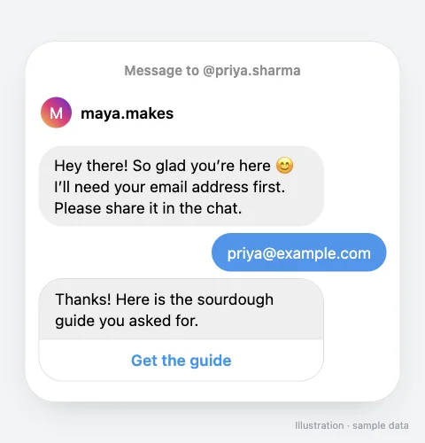 DM thread asking the person to share their email in the chat, their reply, then a message with a button to the guide