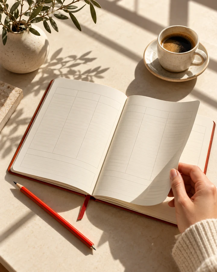 A weekly planner, vermilion pencil, and coffee in warm sunlight